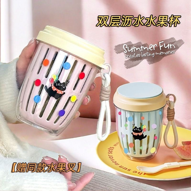 Fruit Salad Drain Cup with Hidden Fork – Leakproof & Portable